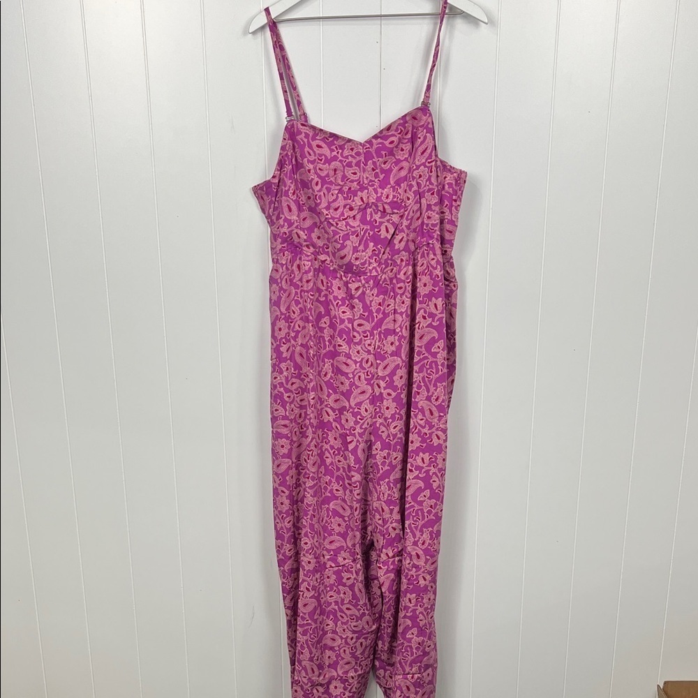 Knox Rose Womens Jumpsuit 1X Magenta Paisley Print Smocking Adj Straps Pockets